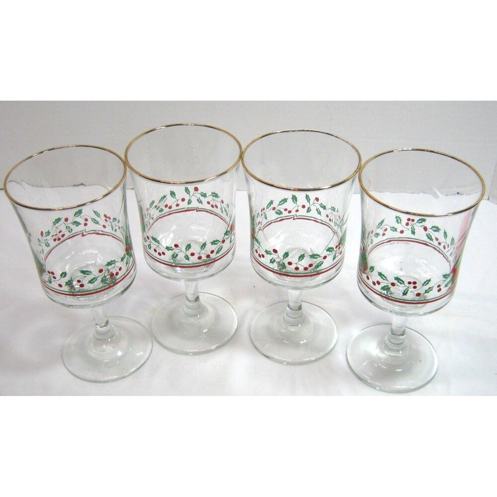 Vintage 1986 Arby's Holly/Berry Christmas Goblets w/Gold Trim 12oz Set of 4